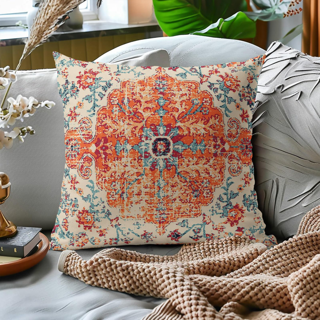 Boho Ethnic Pillow Covers 18x18 Inch Set of 2 Bohemian Rust Carpet Throw Pillows For Couch Burnt Orange Blue Teal Geometric Decorative Pillow Cases Farmhouse Home Decor For Couch Sofa Room Outdoor