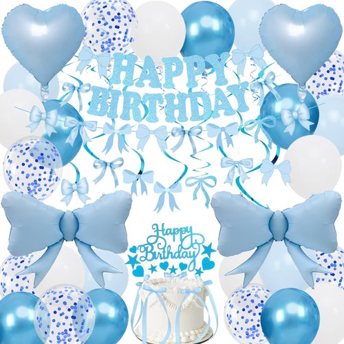Blue Bow Birthday Decorations, Happy Birthday Banner Garland and Hanging Swirls, 28Pcs Balloons, Cake Toppers, Bow Themed Party Decorations for Girls Women