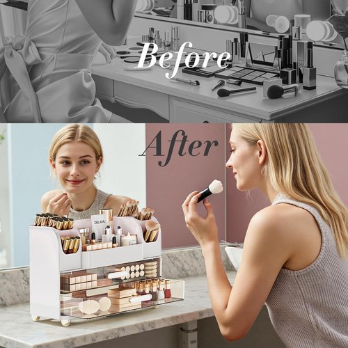 Delamu Large Makeup Organizer Countertop with 6 Brush Holders, Makeup Organizers for Vanity with 2 Large Drawers, Easy to Store Skincare, Lipsticks, Nail Polishes, Perfumes, Eyeshadow Palettes, White