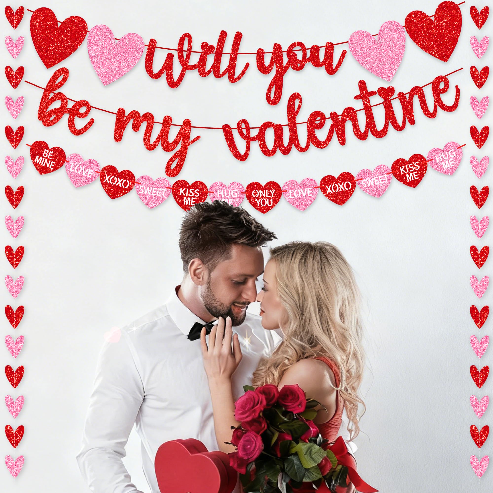 Valentines Day Decorations, No DIY Glitter Red Pink Will You Be My Valentine Banner Hollowed Conversation Heart Banner Heart Garlands String for Valentines Home Mantle Wall Office Decor Supplies