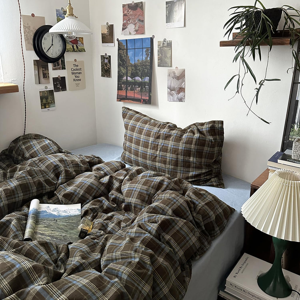 Mixinni Vintage Buffalo Plaid Duvet Cover Set - Soft & Breathable 3-Piece Queen Bedding in Brown & Blue