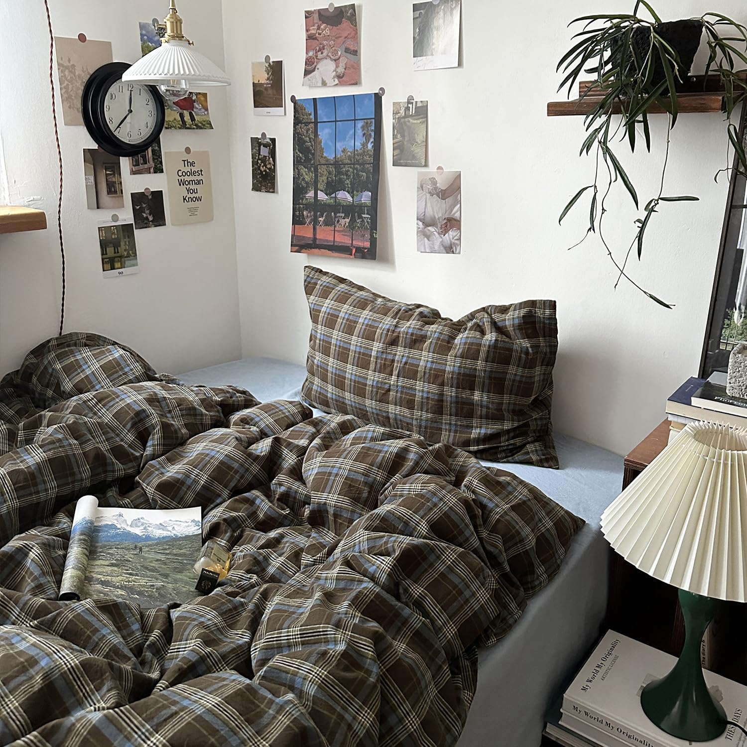 Mixinni Vintage Buffalo Plaid Duvet Cover Set - Soft & Breathable 3-Piece Queen Bedding in Brown & Blue