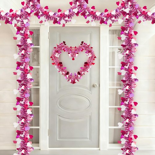 50FT Valentine's Day Decorations,Valentines Heart Garland Pink Purple Valentines Day Tinsel Garland Twist Metallic for Home Room Mantel Stairs Door Outdoor Indoor Wedding Valentine's Day Decor