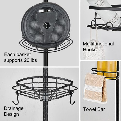 DUFU Corner Shower Caddy Tension Pole, Shower Tension Rod Organizer, 4-Tier Adjustable Floor to Ceiling Shower Caddy 33-127inch, No Drilling Shower Shelf for Inside (Black)