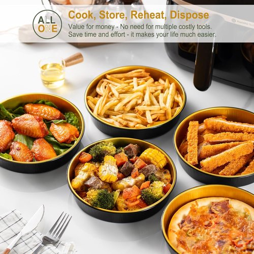 Air Fryer Foil Liners - 20 Pack of 7-Inch Round Disposable Aluminum Pans | High-Heat Safe, Food-Grade Black & Gold