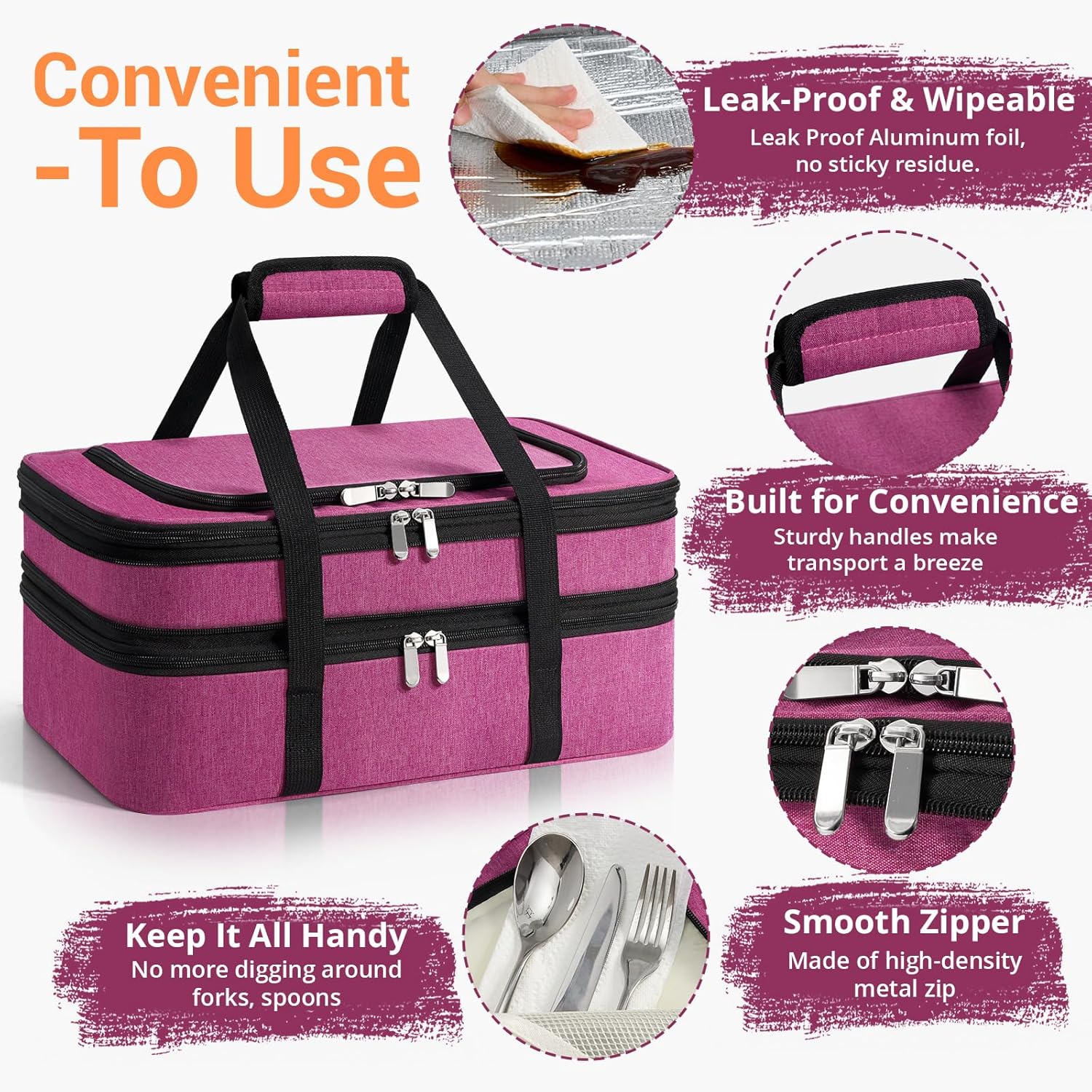 Skiennix Insulated Double Casserole Carrier - Portable Hot/Cold Food Tote for Potlucks | Fits 9" x 13" Dish - Pink