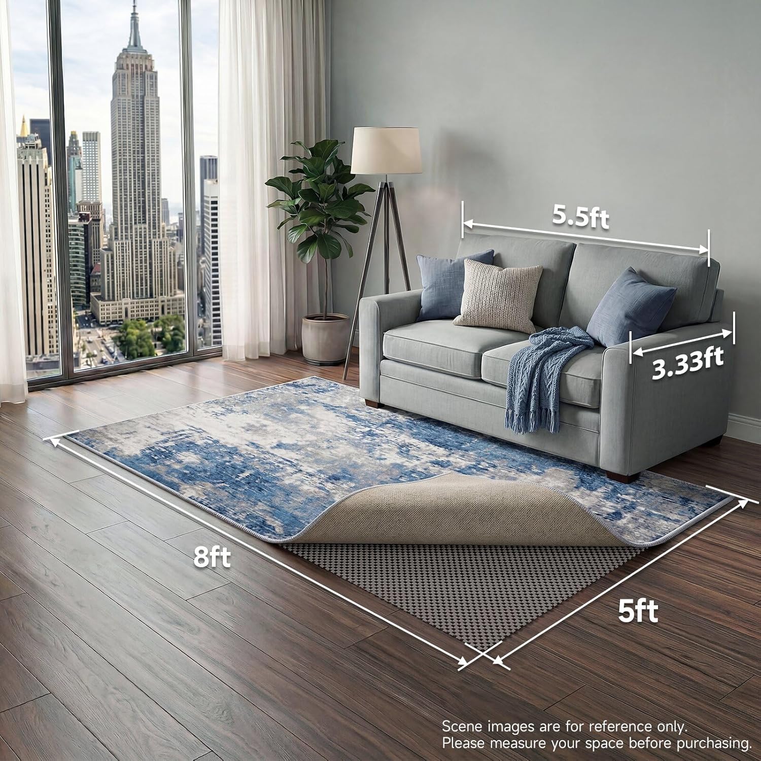 Veken Rug Pad Gripper - Non-Slip 5x8 Ft Thick Dark Grey Mat for Hardwood & Tile Floors