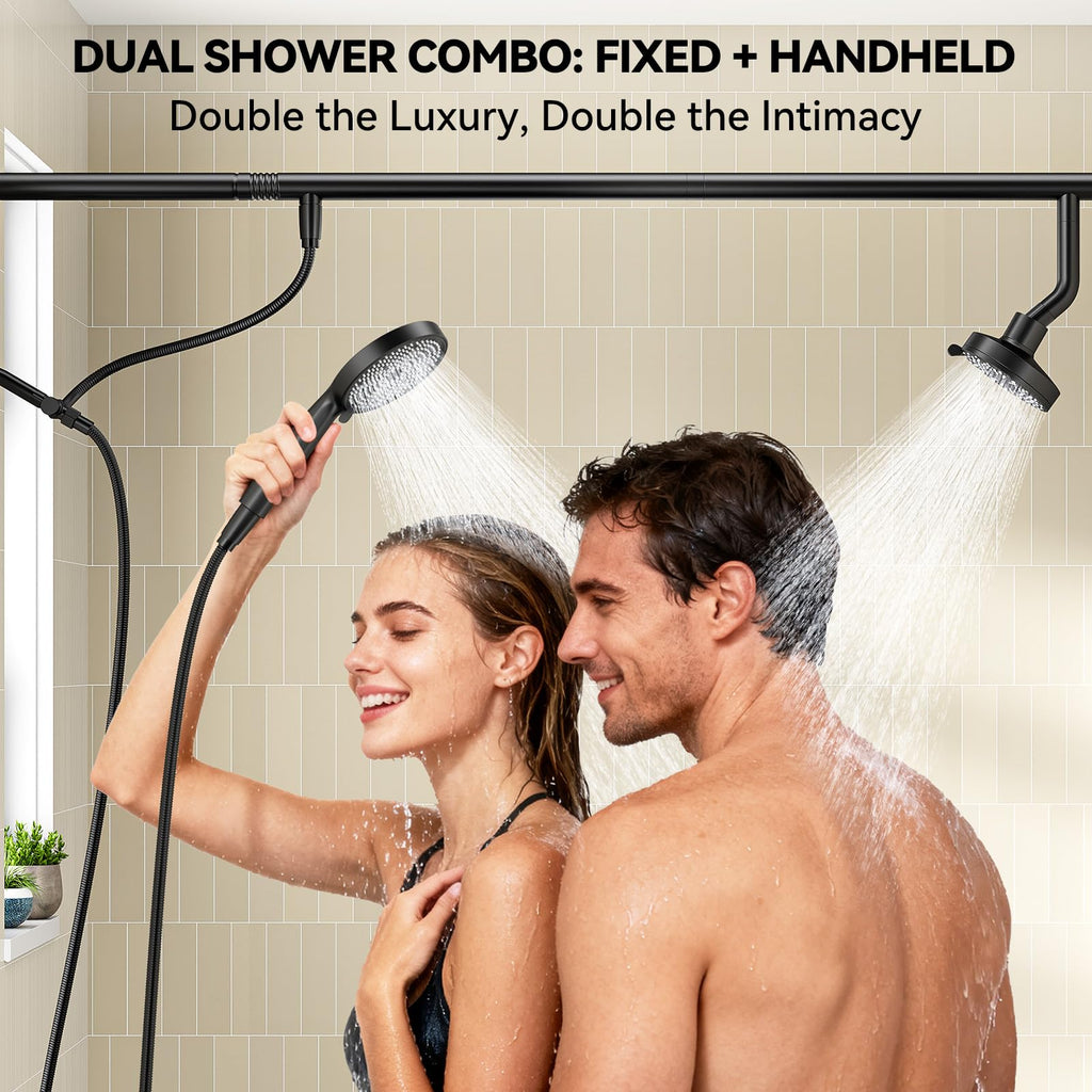 NTPN Dual Shower Head with Handheld for Couples, High Pressure Double Shower Heads for Two People Rod, Two Showerhead System Fit 2 Person, Gifts for Women Men, SPA-Like (Black, Segmented Design)