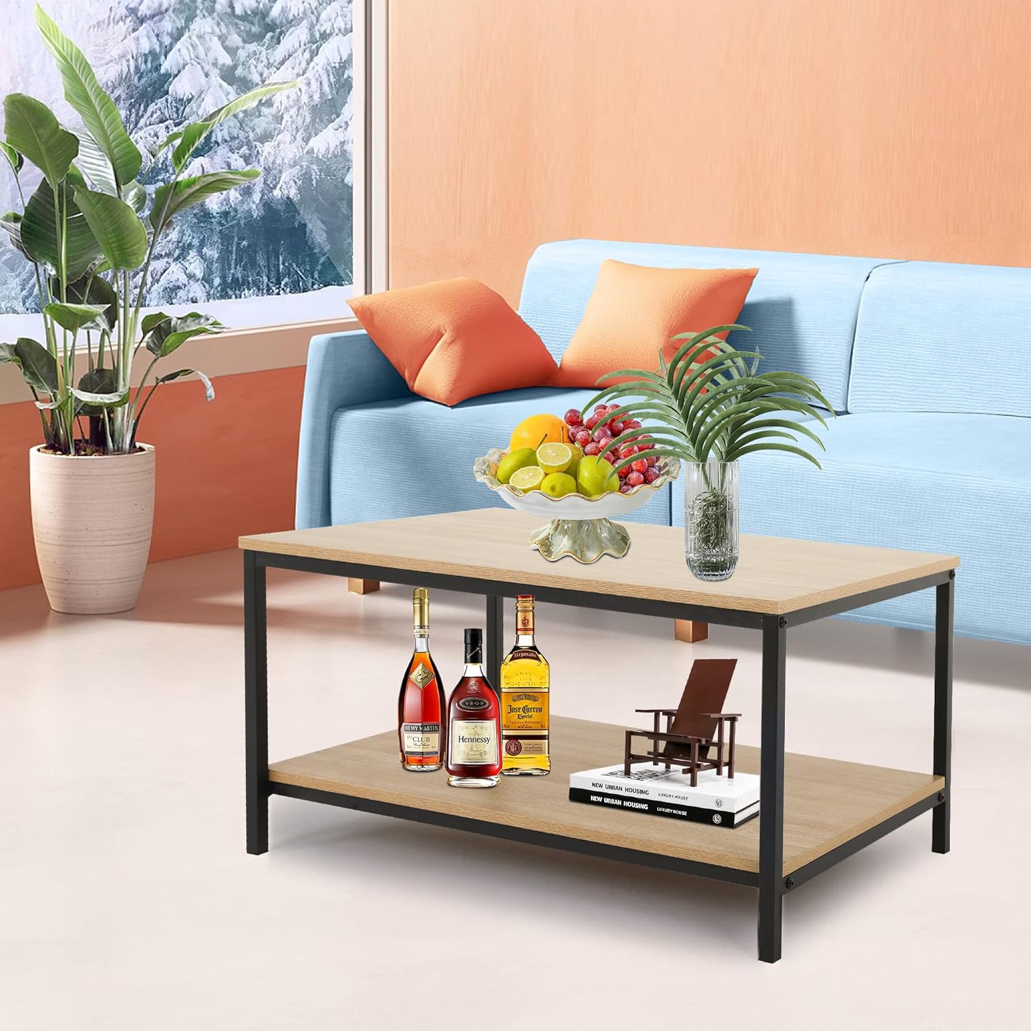 Skiennix 2-Tier Coffee Table - Metal Frame with Wood Finish & Open Storage Shelf | Easy Assembly