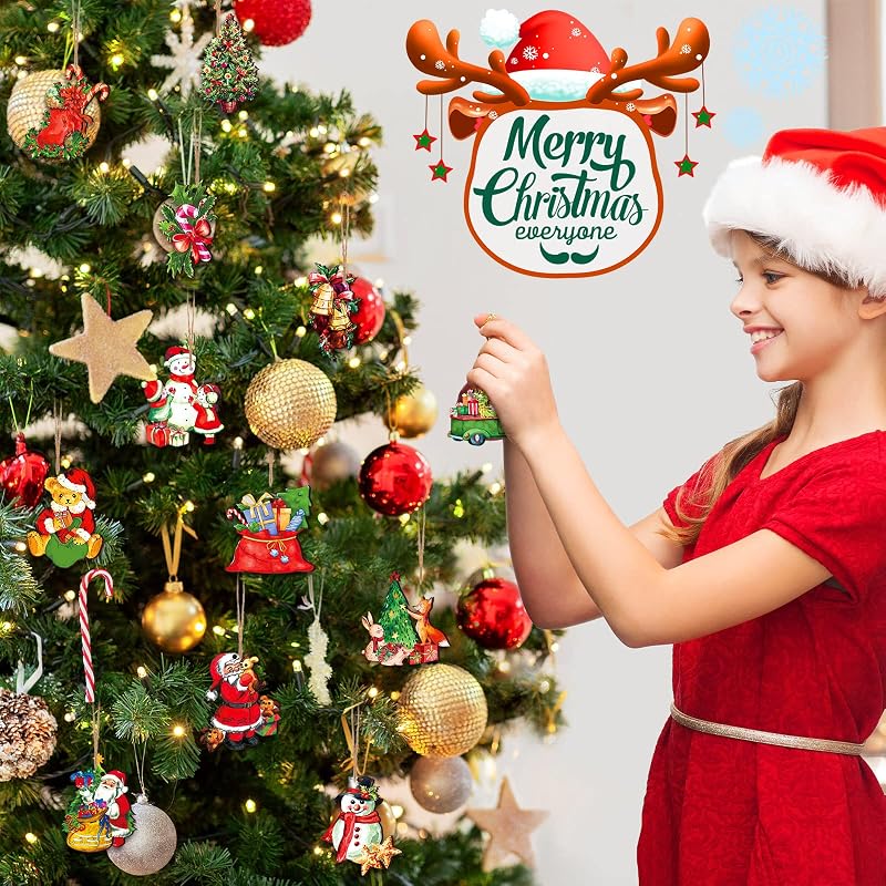 Sawysine 48 Pcs Vintage Wood Christmas Ornaments with 10m Rope - Retro Santa, Reindeer & More (Variation: Retro)