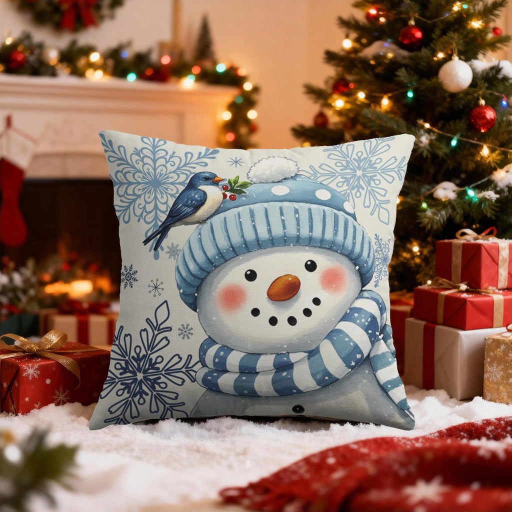 Smozenith Winter Pillow Covers 18X18 Set of 2, Blue Snowman Bird Snowflakes Decorative Throw Pillowcases Outdoor Holiday Seasonal Farmhouse Cushion Cases Couch Sofa Bed Decor