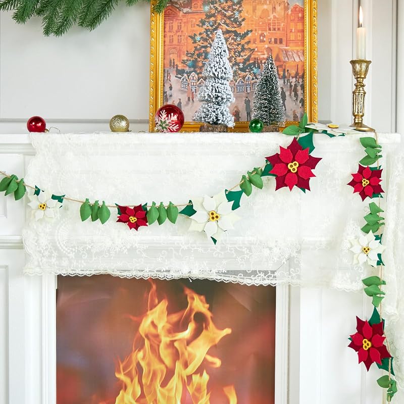 11.5 ft Poinsettia Felt Garland – Red Poinsettia Christmas Garlands for Mantel & Staircase