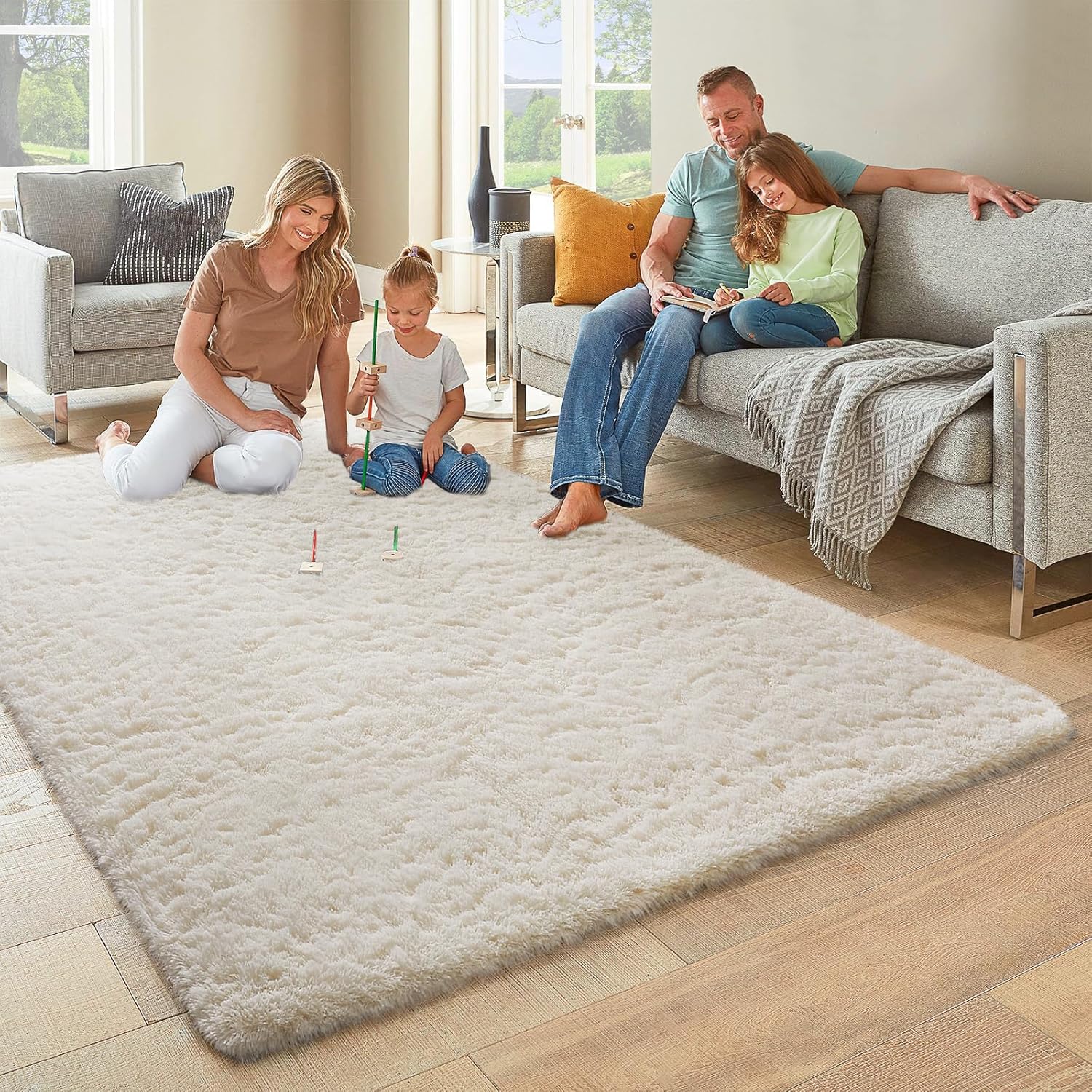 Ophanie Area Rugs - Non-Slip Fluffy Soft Shag Rug for Living Room | Large Ivory Plush Carpet
