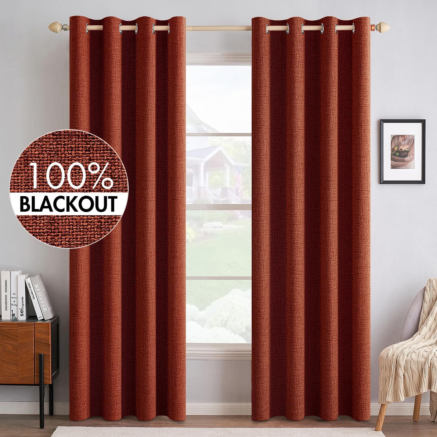 MIULEE 100% Blackout Linen Curtains - Thermal Insulated Burnt Orange Drapes | 52 x 72 Inch (2 Panels)