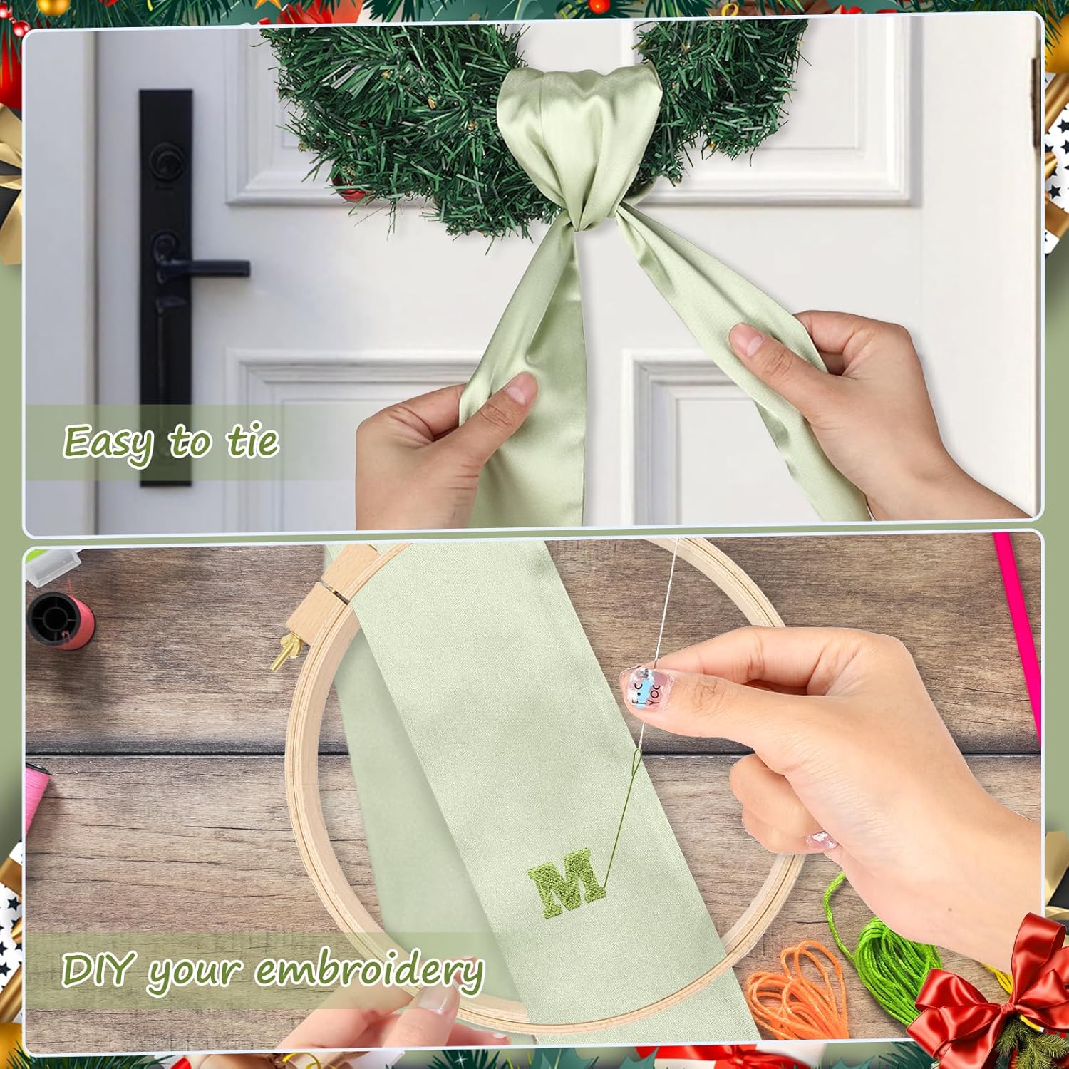 Regine Switzerland Sage Green Wreath Sash - Blank Satin Monogrammed Accessory for Front Door Decor