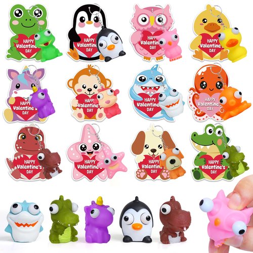 24 Pack Valentines Day Gifts for Kids, Valentines Cards for Kids Classroom with Squeeze Popping Eye Animal Keychain Toys, Class Valentine Exchange Gifts for Kid School, Valentine Party Prizes