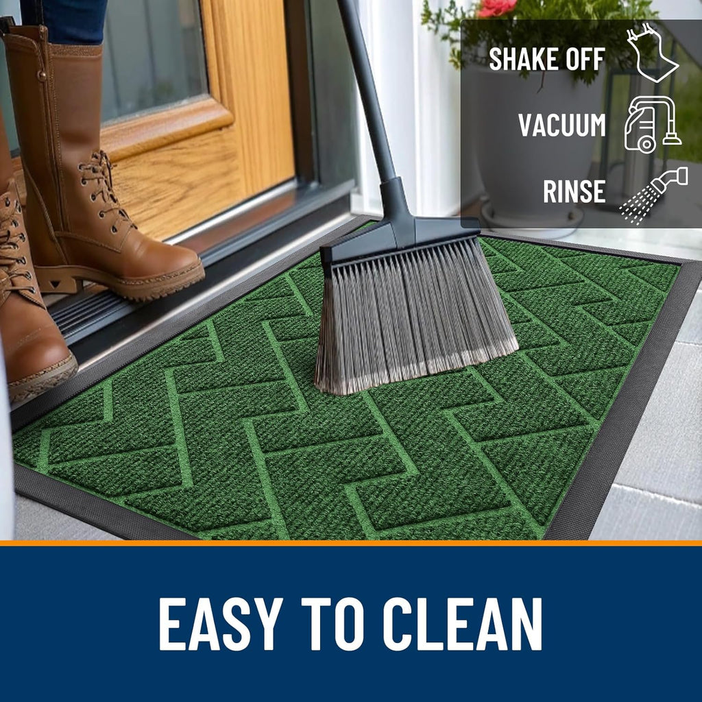 OLANLY Indoor Outdoor Front Door Mat - Waterproof All-Season Herringbone Design | Easy Clean, 35x23 Inches, Green