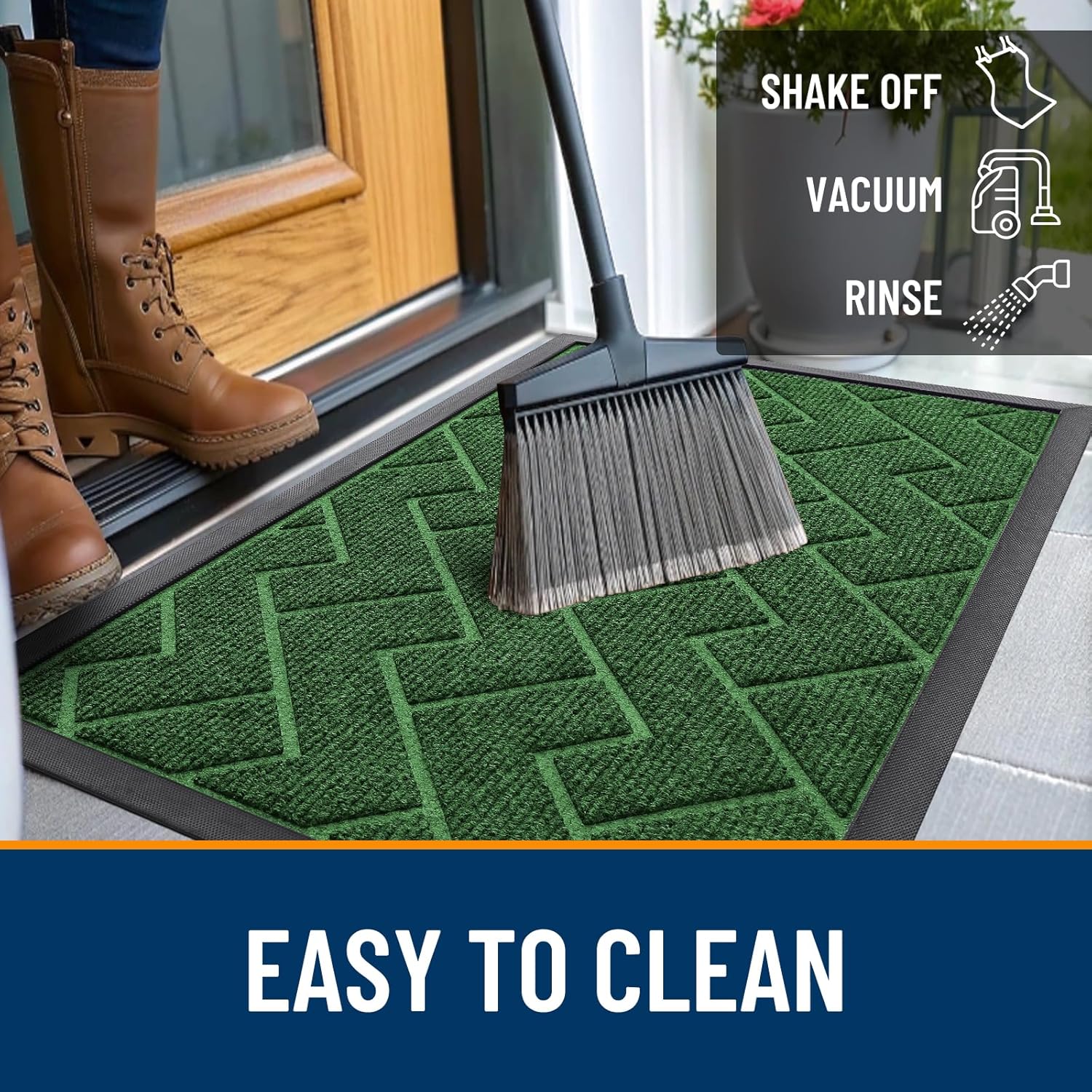 OLANLY Waterproof Front Door Mat - All-Season Sturdy Natural Rubber | Low Profile Herringbone Design (Green, 29.5x17)