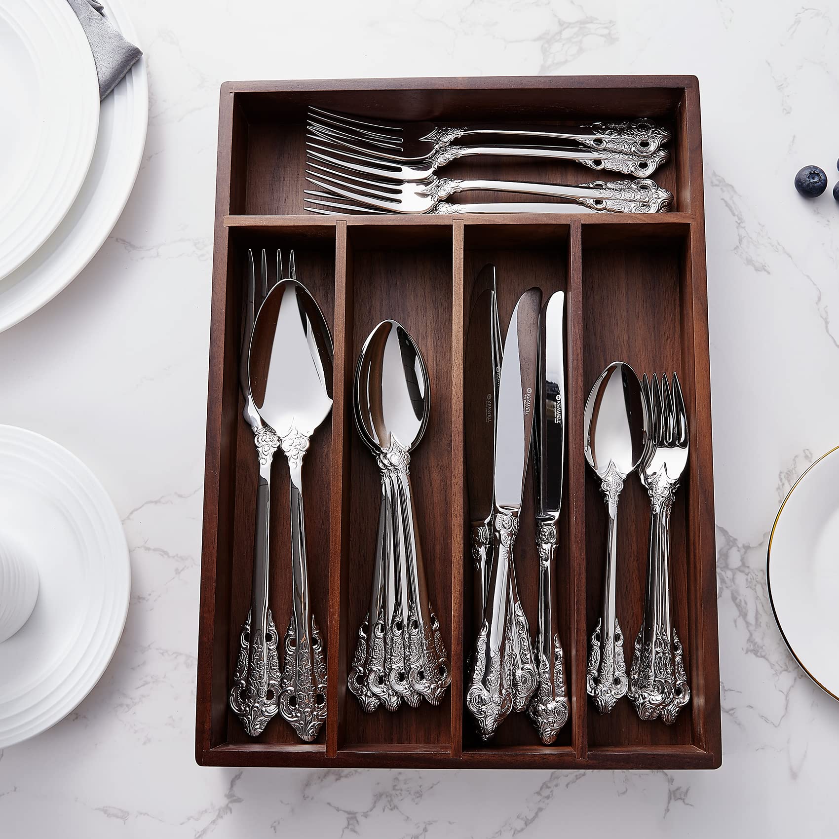 KEAWELL Luxury 20 Pieces 18/10 Stainless Steel Flatware set, Service for 4, silver plated with gold accents, Fine Silverware set and Dishwasher Safe (Silver)