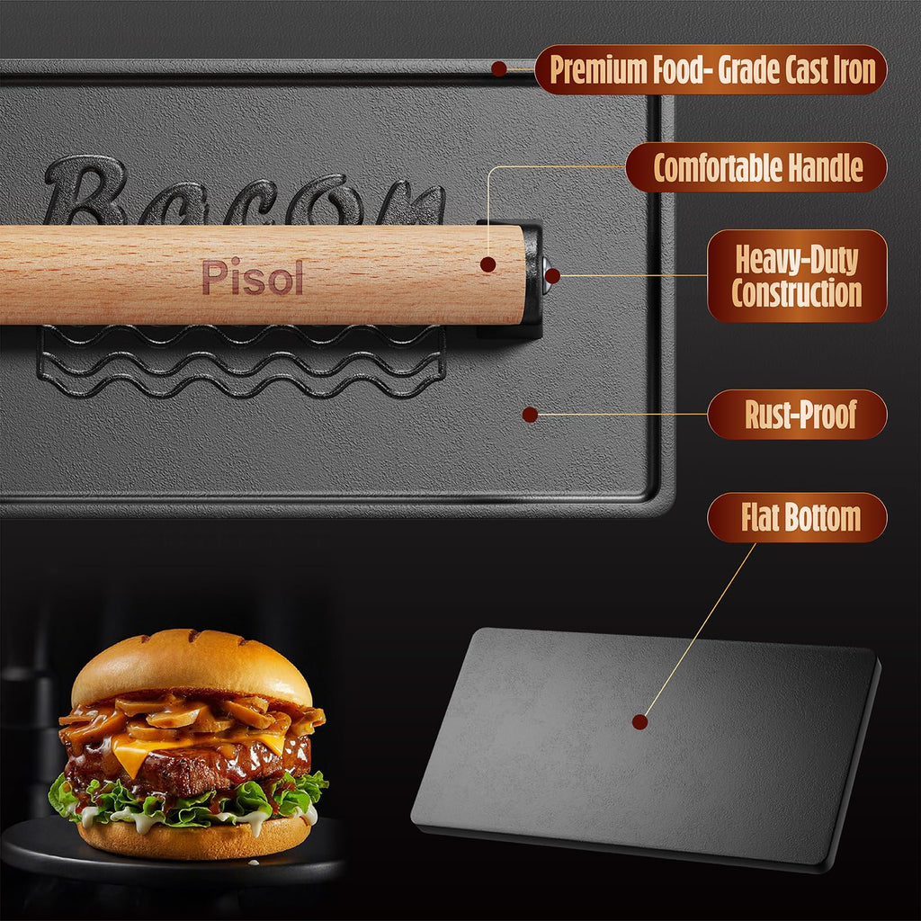 Pisol Bacon Press Smash Burger Press, Pre-Seasoned Cast Iron Hamburger, 2 lb Heavy-Duty Grill Bacon Meat Press Tool with Wood Handle