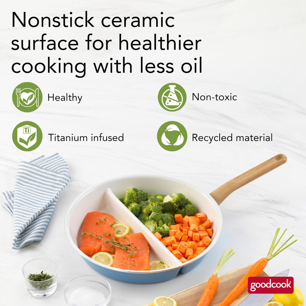 GoodCook Healthy Ceramic Titanium-Infused 12" Divided Skillet, Light Blue – Ceramic Cookware, Nonstick Cooking Pan, Divided Frying Pan Skillet for Eggs, Meats, Vegetables, Sauces, Warming Tortillas