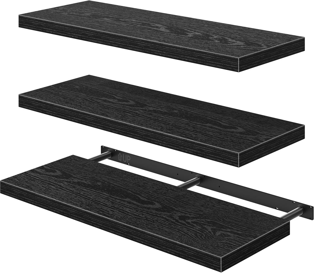 QEEIG 12" Deep Floating Shelves - Set of 3 Black Wall-Mounted Bookshelves for Bathroom, Bedroom & Kitchen