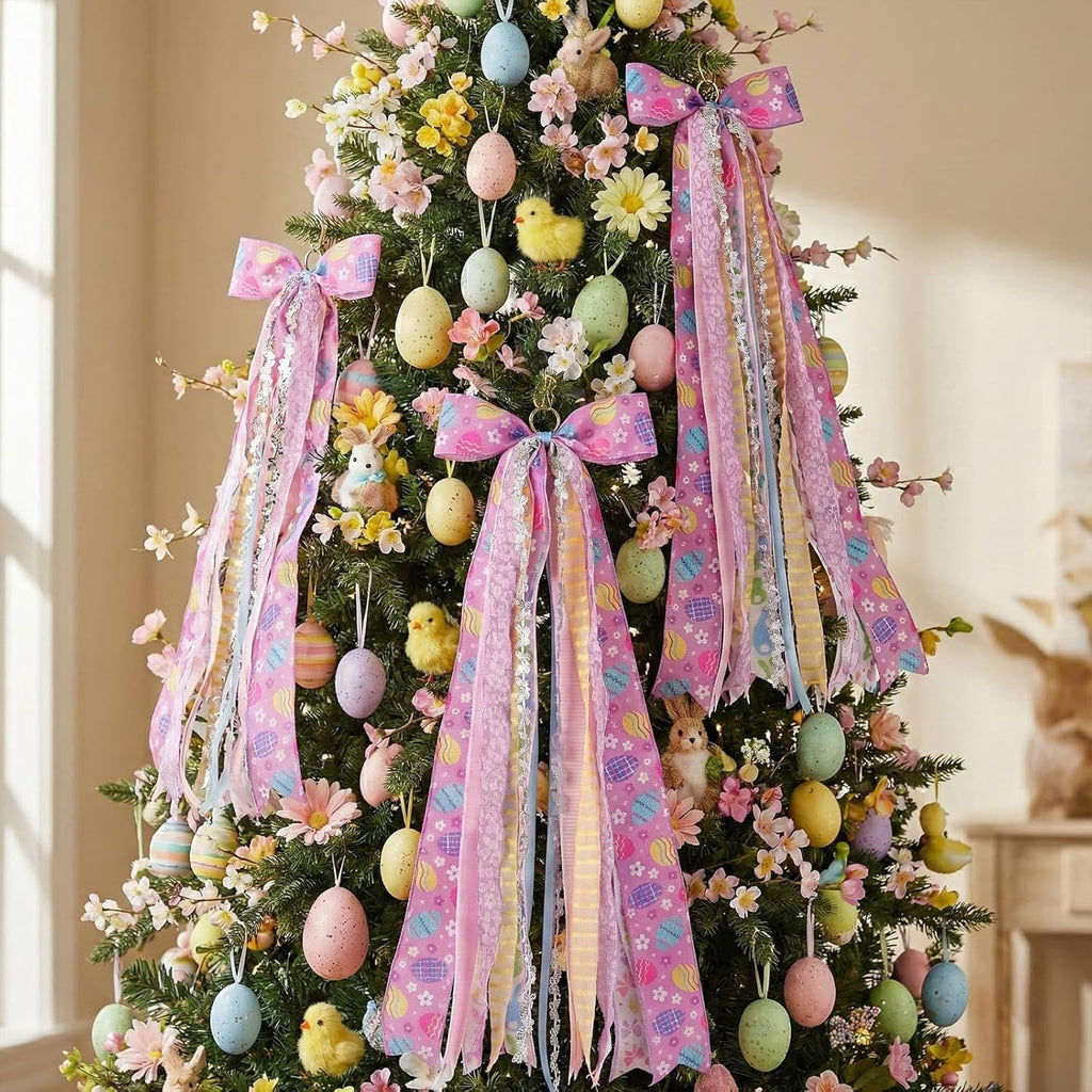 YKW Easter Bow Door Decoration - 27.5" Purple Lavender Floral Wreath with 8 Ribbons | Ready to Hang