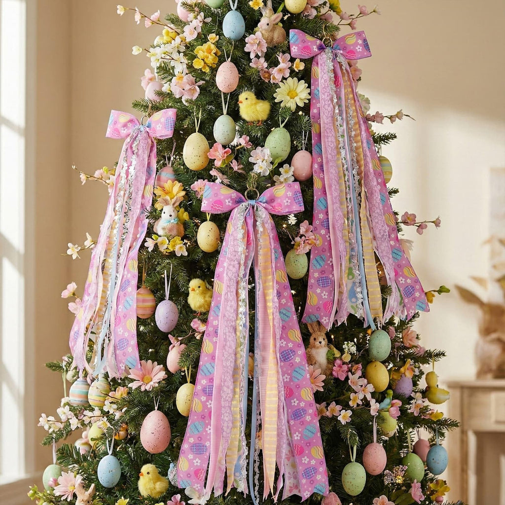 YKW Easter Bow for Door with 8 Ribbons, 27.5" Spring Wreath Sash Purple Lavender Floral, Ready to Hang Front Door Decoration Metal Clip, Home Farmhouse Party Decor