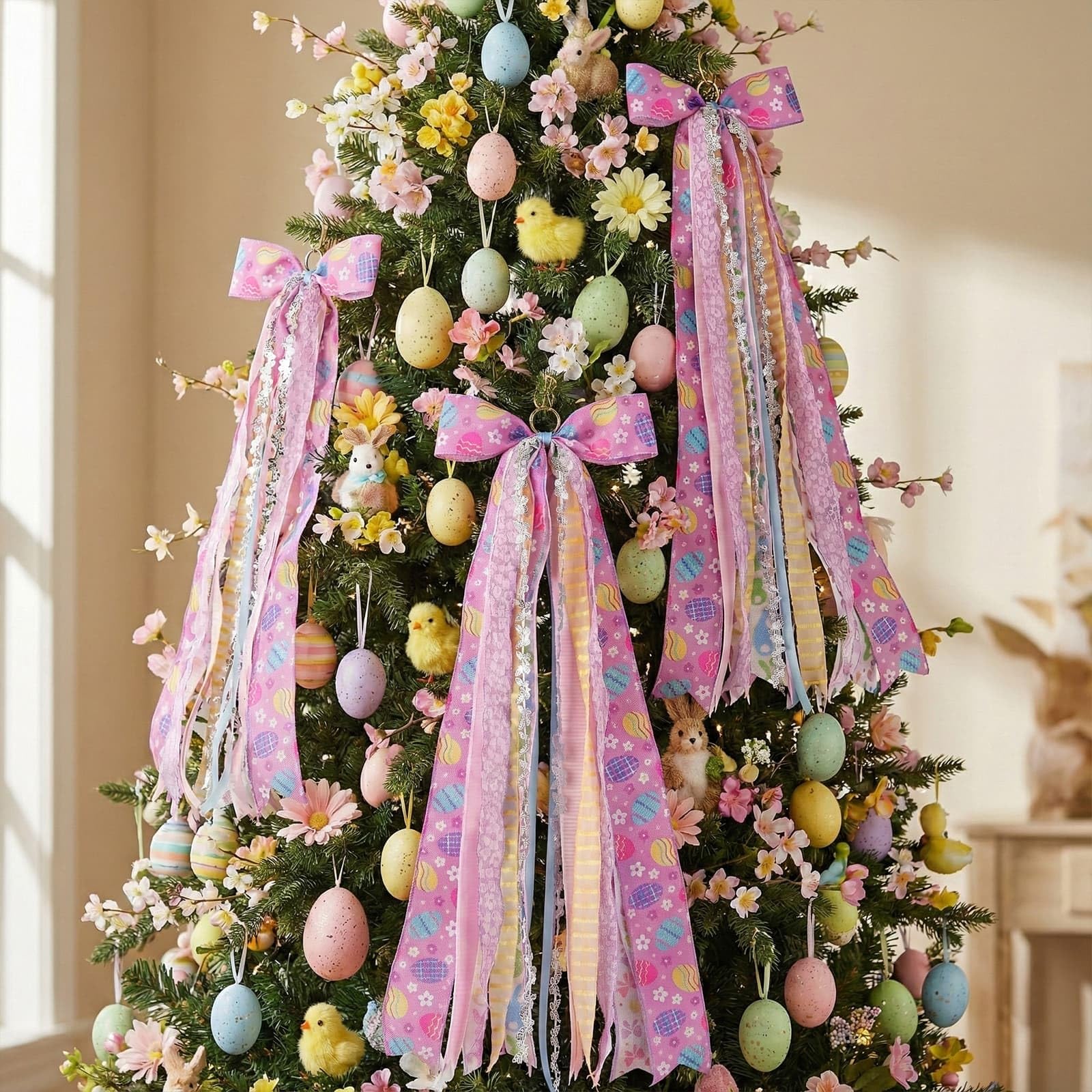 YKW Easter Bow for Door with 8 Ribbons, 27.5" Spring Wreath Sash Purple Lavender Floral, Ready to Hang Front Door Decoration Metal Clip, Home Farmhouse Party Decor