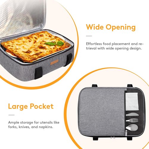 LUNCIA Insulated Casserole Carrier - Keeps Food Hot or Cold | Thermal Lunch Bag for Potlucks, Grey, Fits 9" x 13" Dish