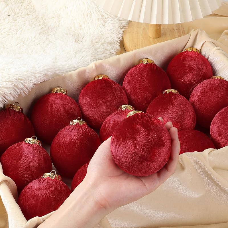 ZenNex Velvet Christmas Ball Ornaments 15 Pack 3.15in Red - Variation Red