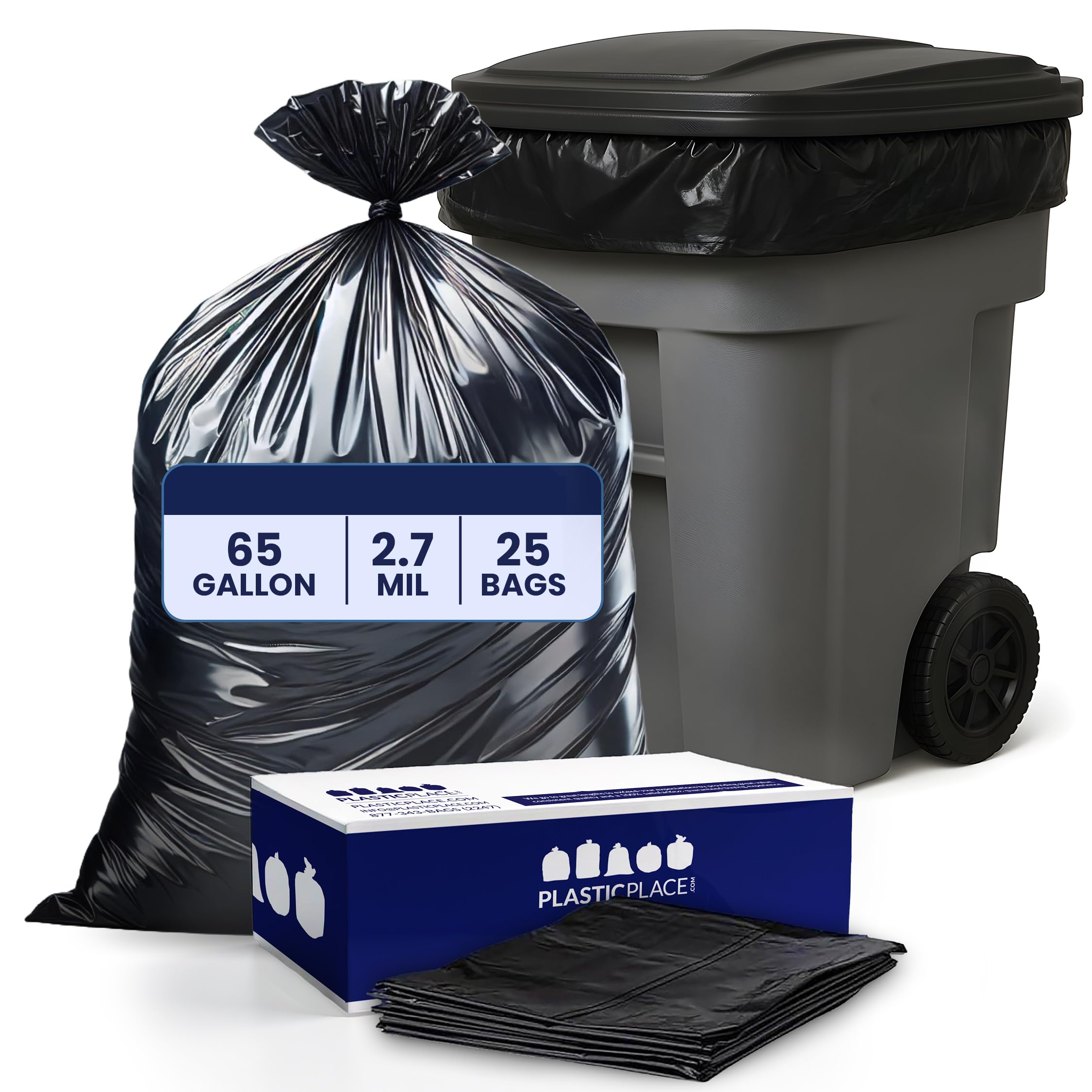 Plasticplace 65 Gallon Trash Bags │ 2.7 Mil │ Black Heavy Duty Garbage Can Liners │ 50” x 48” (25 Count) (W65LDB225A)