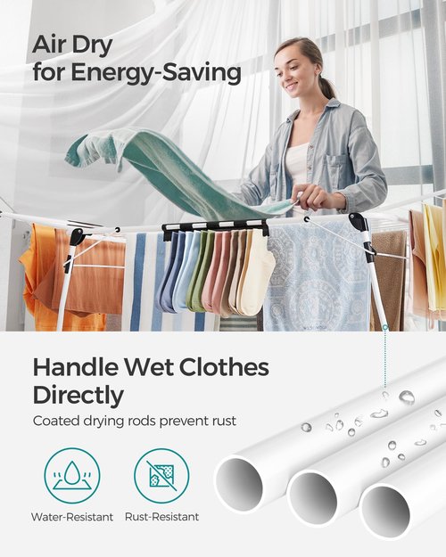 SONGMICS Clothes Drying Rack Foldable, Gullwing Laundry Drying Rack, Space-Saving, 22.2 x 68.1 x 38 Inches, Sock Clips, Metal Structure, for Clothes, Towels, Linens, Indoor, Outdoor White ULLR518W01