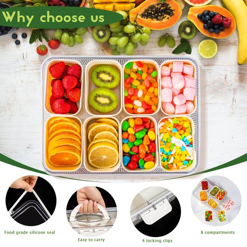 FEIOOD Patent Design Ribbed Snackle Box Container Snack Container Divided Serving Tray with Lid and Handle, 8 Divider Portable Snacklebox for Travel Beach for Charcuterie Veggie Fruit Candy,1 Pack