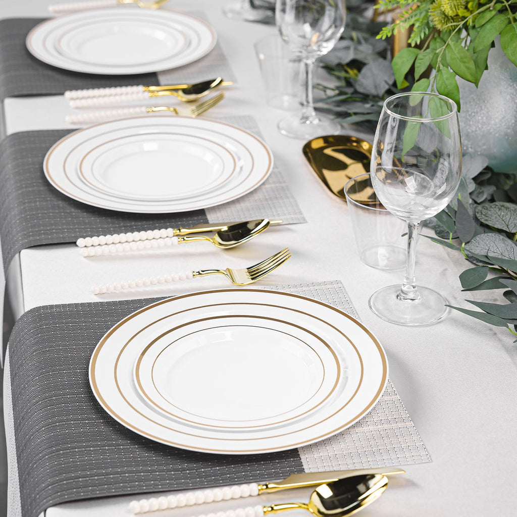 QualQuot 200PCS White Plastic Plates with Gold Rim, Disposable Heavy Duty Plastic Plate, 100 Dinner and 100 Dessert Plates for Party and Wedding