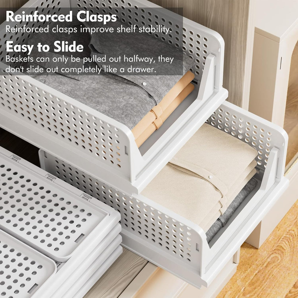 Skiennix Wardrobe Storage Organiser - 5 Pack Stackable Folding Closet Bins | Plastic Drawer Baskets in White