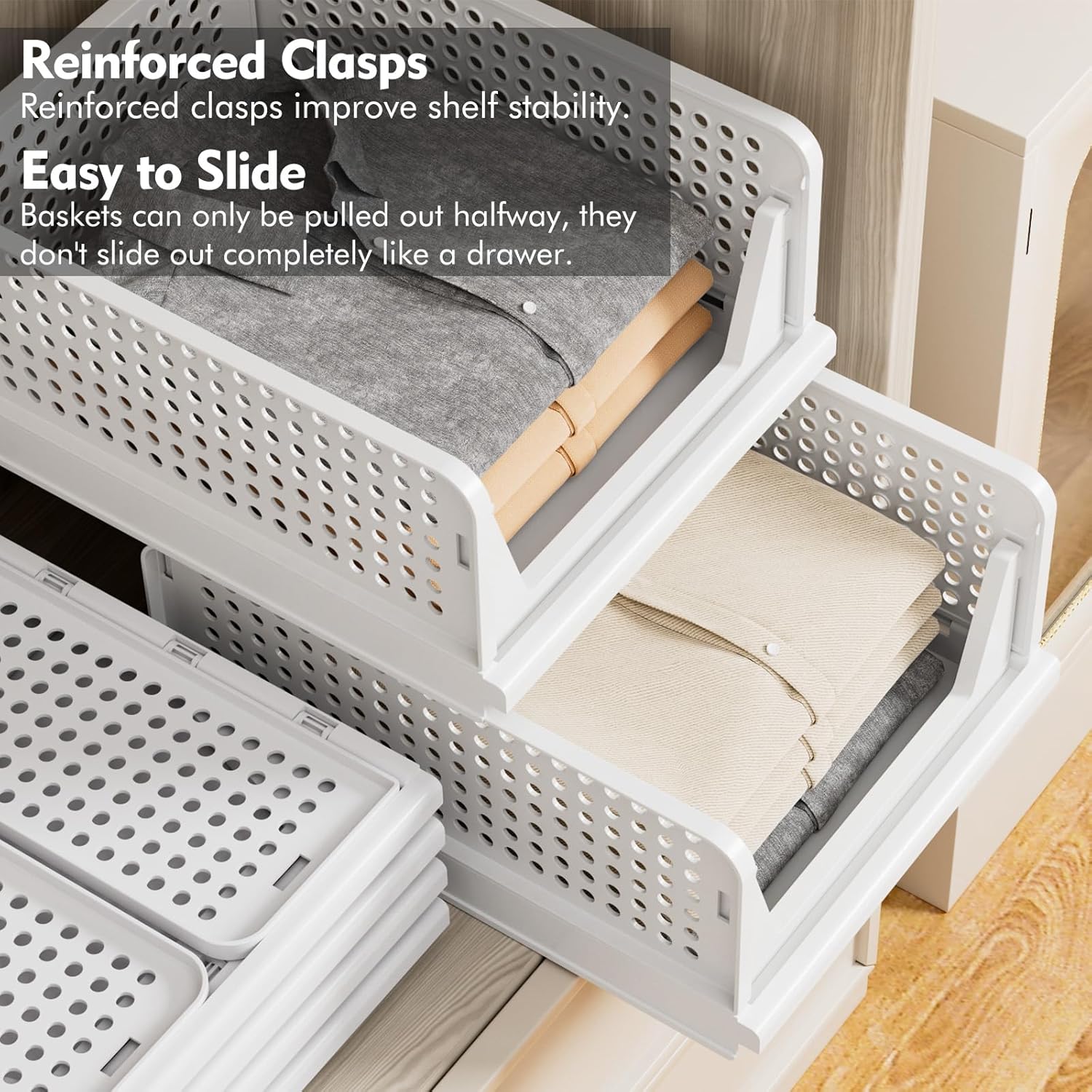 Skiennix Wardrobe Storage Organiser - 5 Pack Stackable Folding Closet Bins | Plastic Drawer Baskets in White