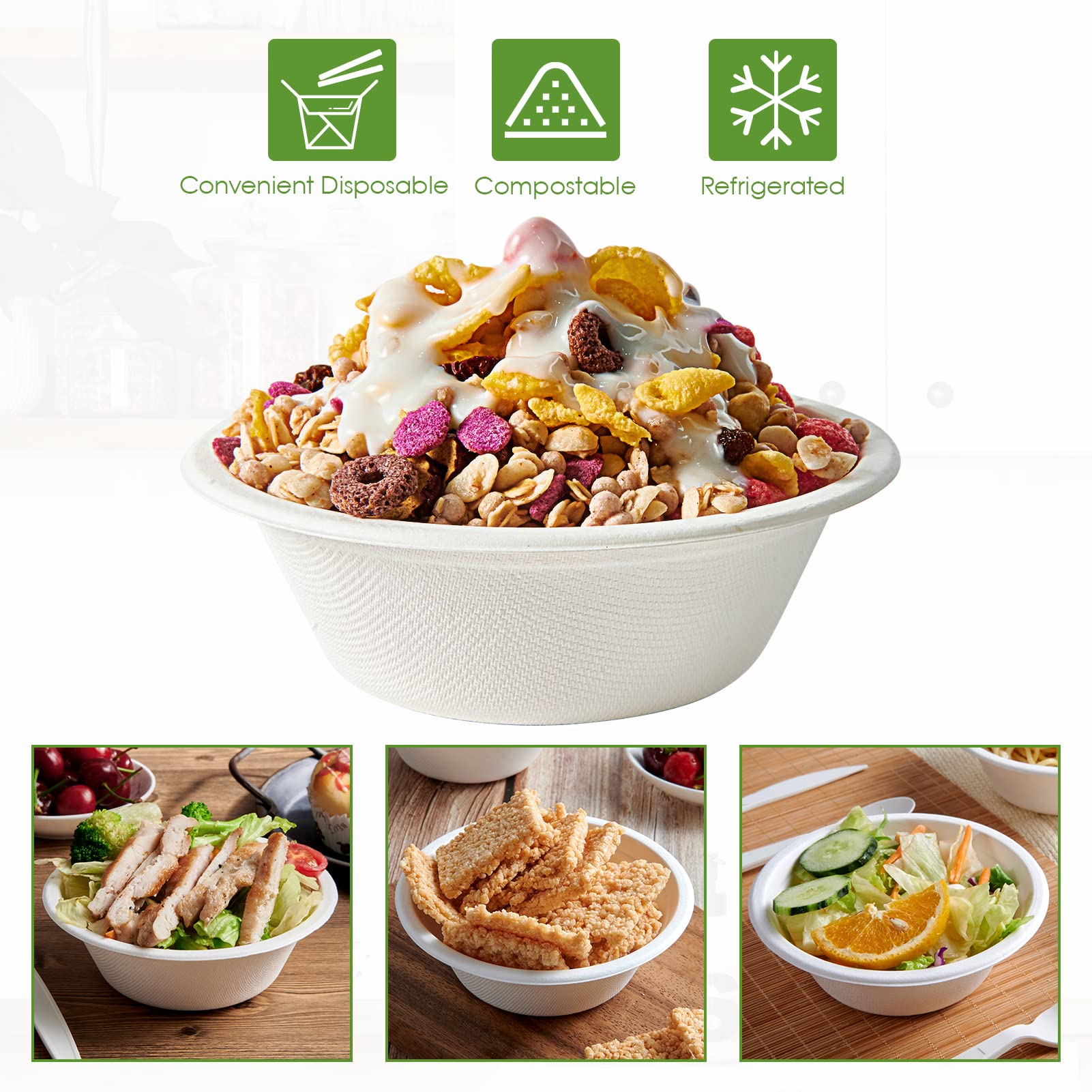 Vplus 500 Pack 12 OZ Paper Bowls Bulk, Disposable Compostable, Eco-friendly Bagasse, Heavy-duty Bowls Perfect for Milk Cereals, Snacks, Salads