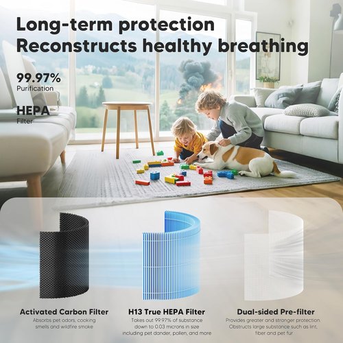 LEVOIT Core 300 Smoke Remover Replacement Filter - 4-in-1 High Efficiency Activated Carbon, 2 Pack, Blue