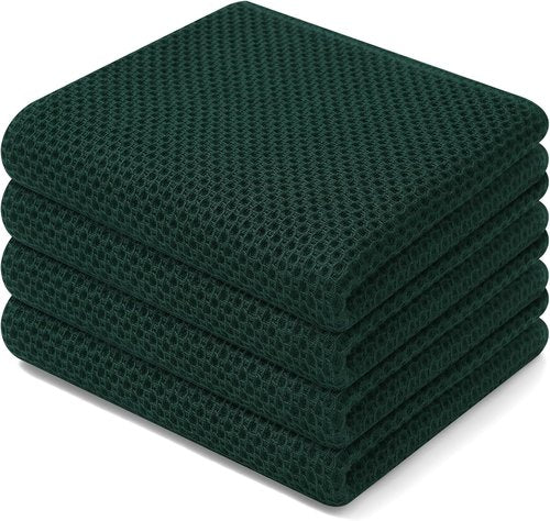 Homaxy Kitchen Dish Towels - 100% Cotton Waffle Weave, Ultra Soft & Absorbent, 13 x 28 Inches, 4-Pack | Blackish Green