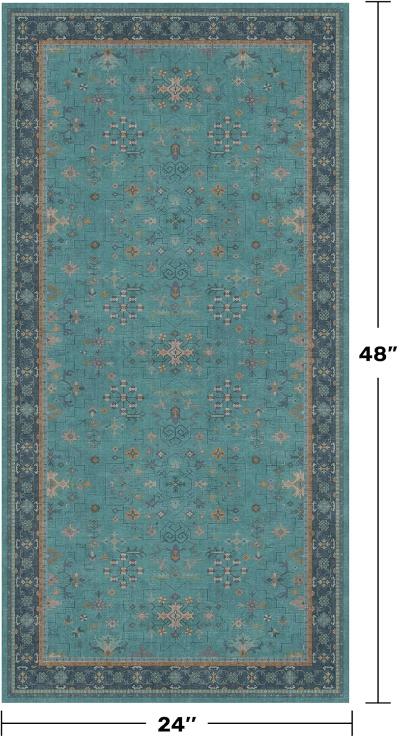 Skiennix Washable Teal Throw Rugs - Non-Slip Boho Floral Indoor Carpet for Entryway & Bathroom | Small Size, Stain & Fade Resistant