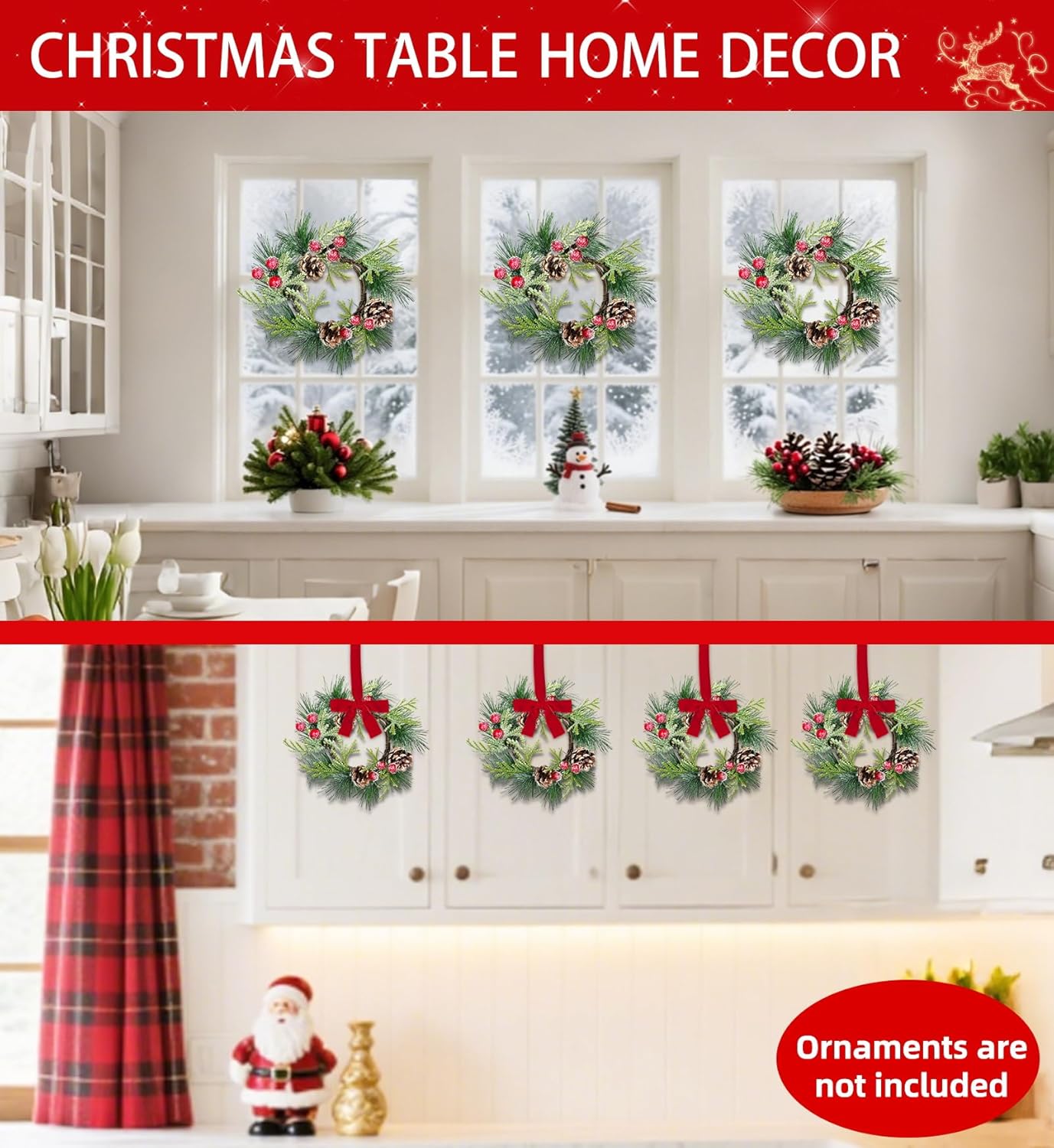 Skiennix 6 Pcs Mini Christmas Wreaths - 9 Inch Snowy Pinecone & Red Berry Candle Rings for Festive Decor