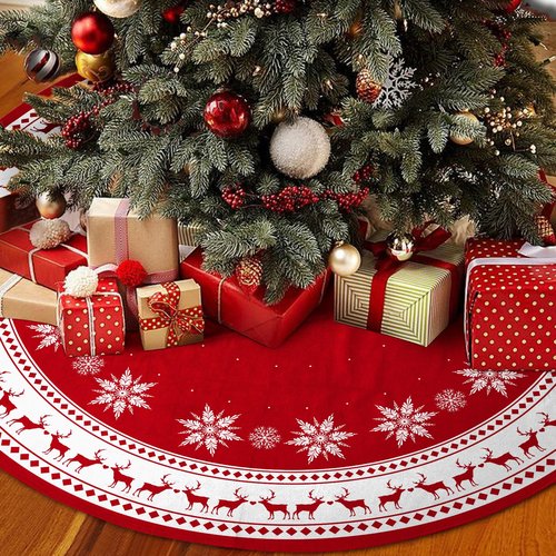 Christmas Tree Skirt 48 inch Large Tree Skirt Snowflake Reindeer Red Xmas Tree Skirt Rustic Christmas Tree Mat Decorations for Winter New Year Holiday Party Decor Indoor Outdoor (Santa, 48inch)