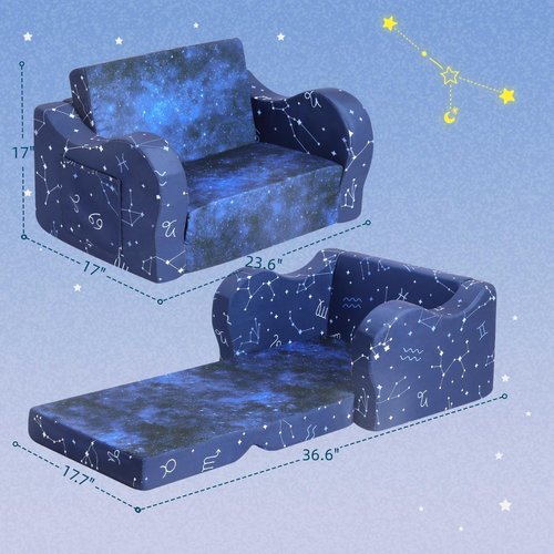 MOMCAYWEX Kids Sofa, 2-in-1 Flip-Out Foam Couch, Foldable Soft Play Lounge Chair, Blue