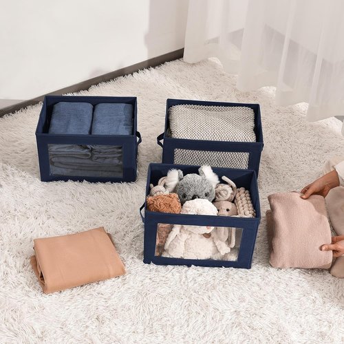 Homsorout Foldable Storage Boxes - Clear Window Clothes Organizers | Navy Blue Fabric Bins, 3 Pack