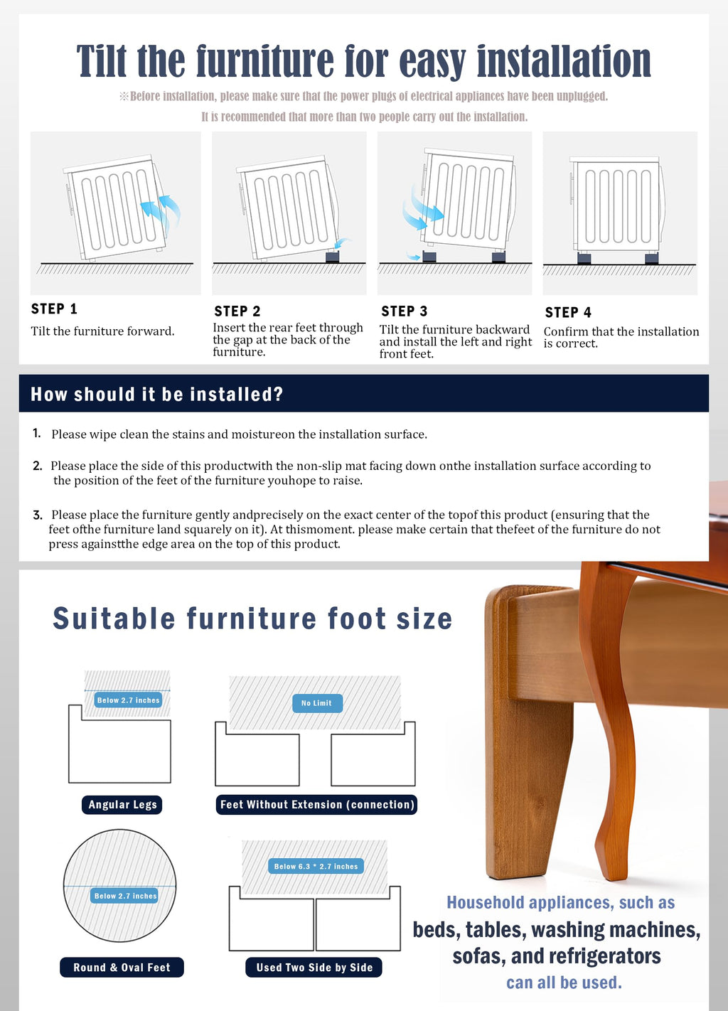 EclatBain Rectangle Bed Risers Furniture Risers Heavy-Duty Rectangular Adjustable Block Lift to 3 inches and 4.3 inches Desk, Sofa, Chair Legs, Support up to 4000 pounds BK-2