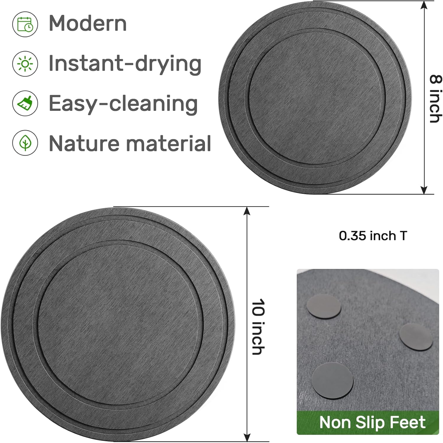 Relime Diatomaceous Earth Plant Saucer - Instant Dry Drip & Drainage Tray | 8-Inch, 2-Pack, Stone Gray
