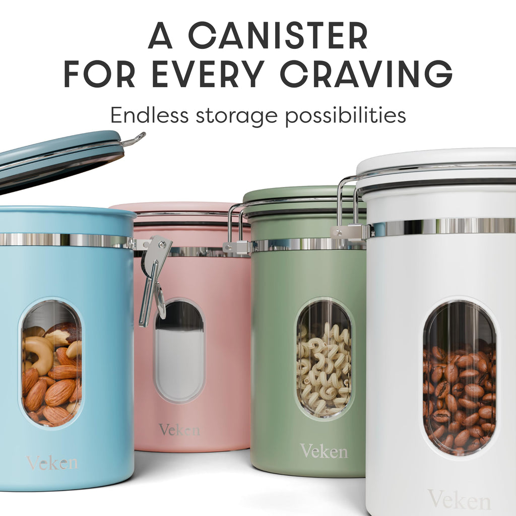 Veken Coffee Canister with Window, Airtight Stainless Steel Kitchen Food Storage Container with Lids, Date Tracker and Scoop for Grounds Coffee, Beans, Tea, Flour, Cereal, Sugar Jars, 22OZ, White