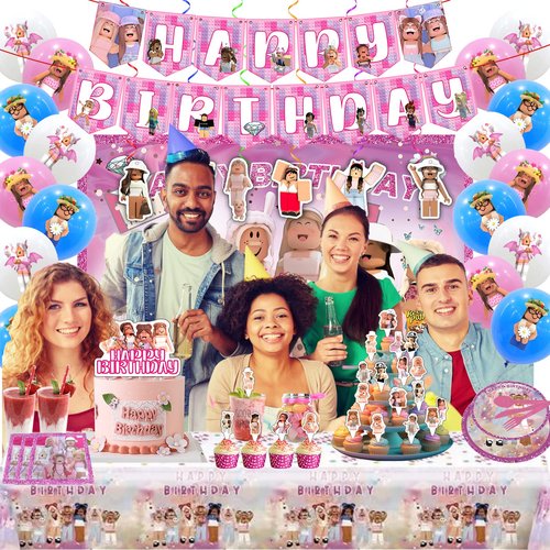 Birthday Party Supplies - Theme Children's Party Decorations Included Happy Birthday Banner, Backdrop, Hanging Swirls, Tablecloth, Cupcake Cake Toppers, Plates, Tableware, Napkins, Balloons