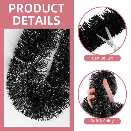 200 FT Black Tinsel Garland Christmas Tinsel Garland Xmas Tree Decorations Metallic Tinsel Twist Streamer Banner for Christmas Tree New Year Holiday Birthday Party Decorations
